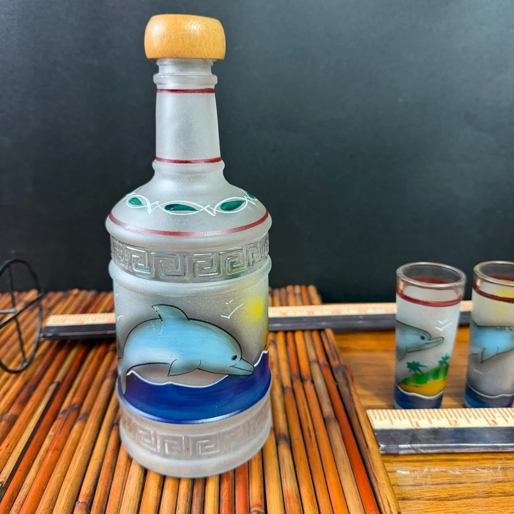 Dolphin Hand painted Decanter Set Rack w 6 shot glasses Island Tequila Tiki Set